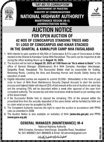 National Highway Authority Faisalabad Tender Notice